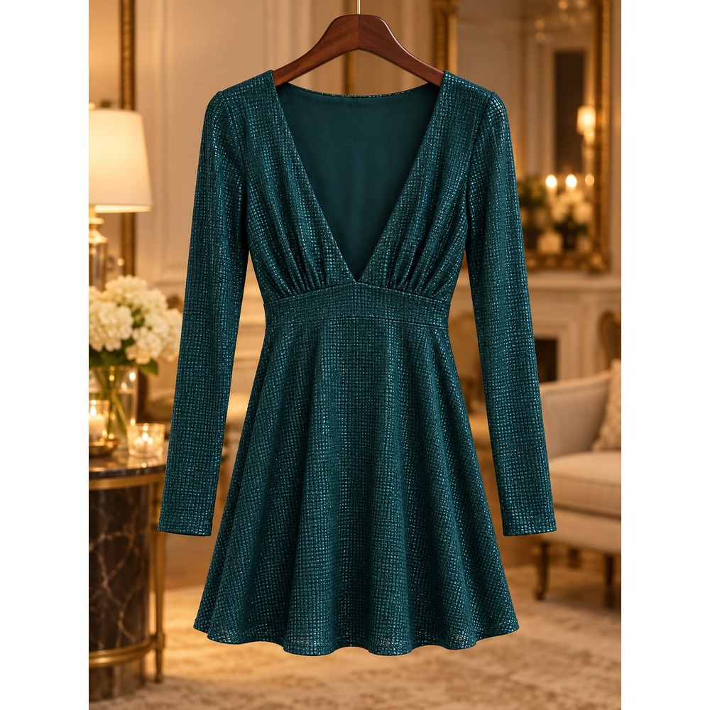 Teal Metallic Long Sleeve Mini Dress Deep V Empire Waist Party Cocktail Large